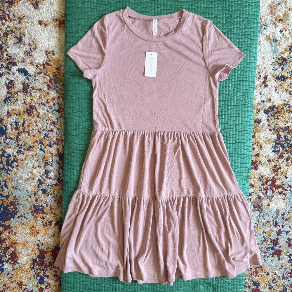 NEW NWT Mia & Tess Mauve Pink Tiered TShirt Dress S Babydoll Cute MADE IN USA